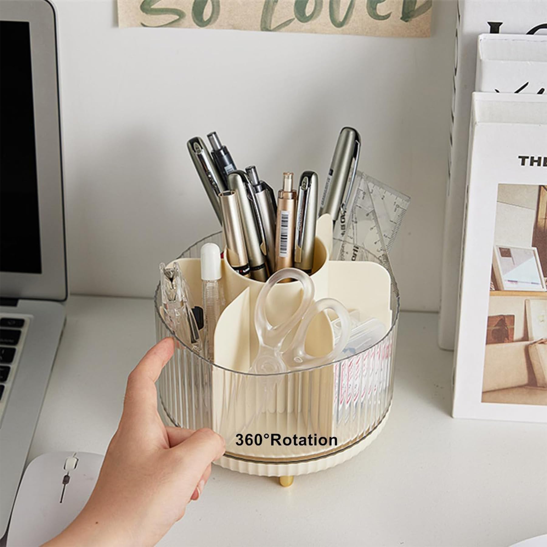 Baoswi Desk Pencil Pen Holder, Detachable Design 7 Slots 360 Degree Rotating Pen Organiser For Desk Desktop Storage Stationery Supplies Pencil Cup Desk Accessories for Office School Home (Beige)