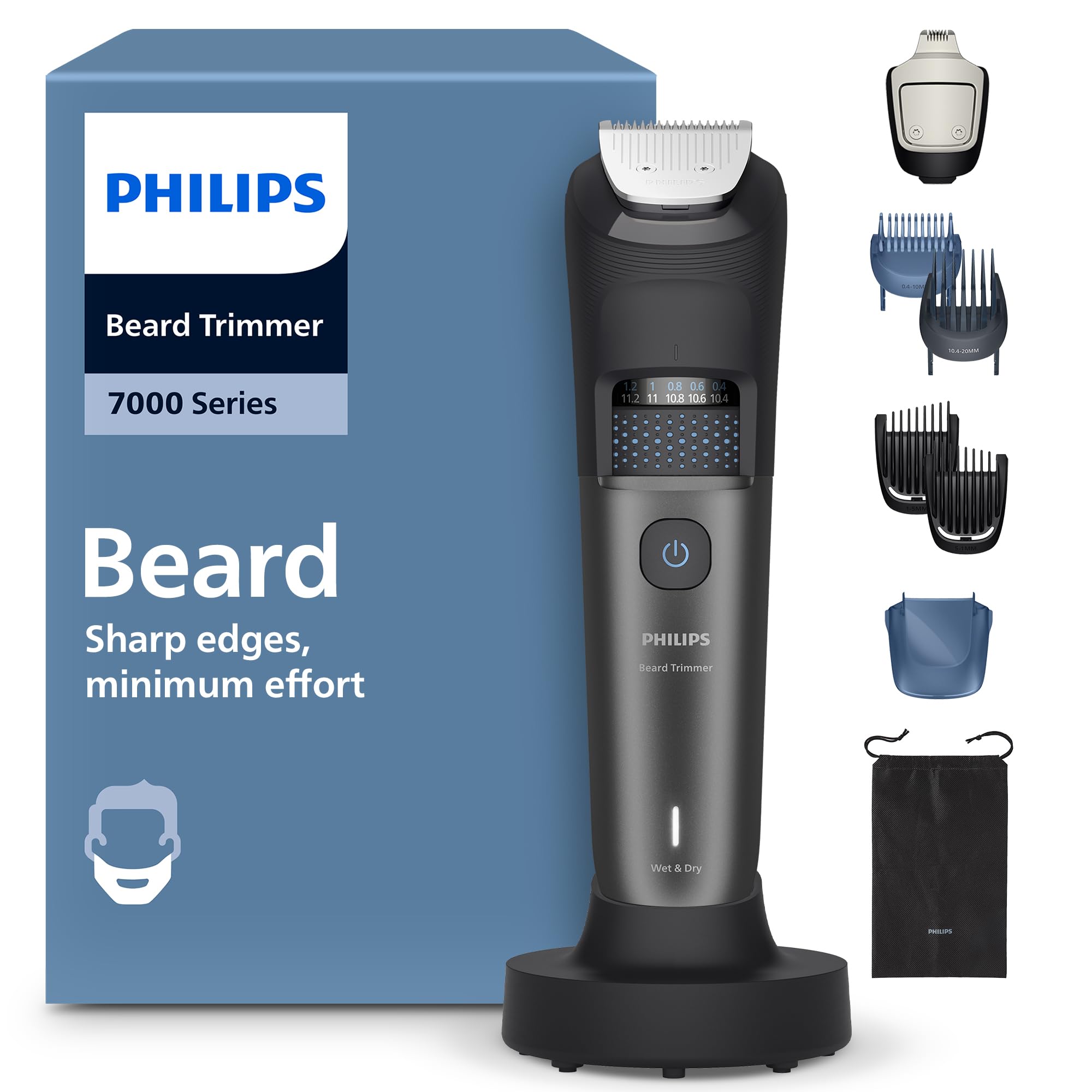 Philips Bartschneider 7000er-Serie – selbstschärfende Metallklingen, 40 Längeneinstellungen, BeardSense-Technologie, Haarkollektor, 100% wasserdicht, Ladestation, Aufbewahrungsetui, Modell BT7660/15