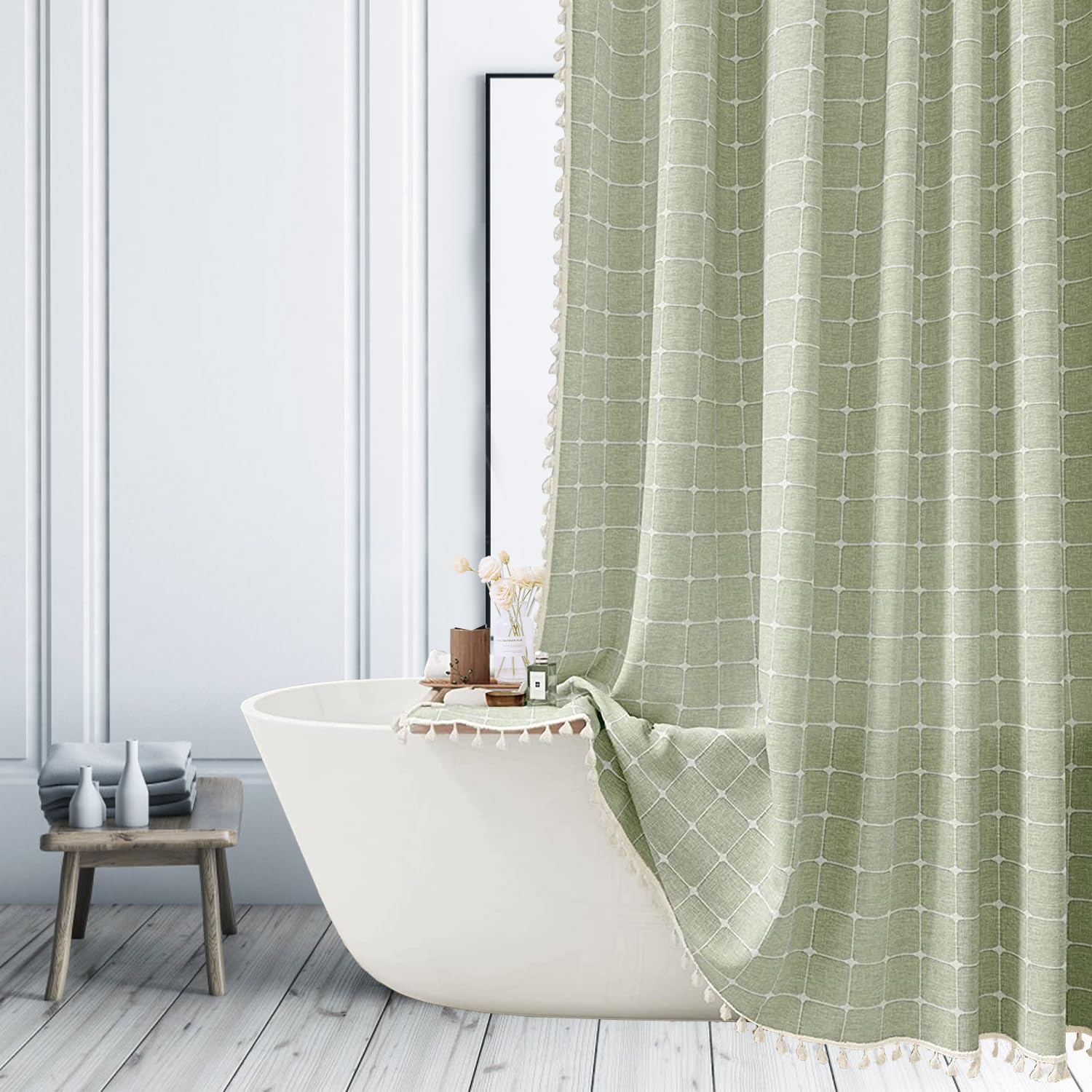 ggaimwf Sage Green Shower Curtain Farmhouse Checkered Bohemian Shower Curtains for Bathroom Rustic Shabby Chic Heavy Duty Bathroom Cloth Curtain Set with Tassels 72x72 Inch