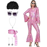 70s Disco Costume for Women - 1970s Disco Outfit with Wig, Earrings, glasses, Necklace, Headband, Sequin Top & Bell Bottoms
