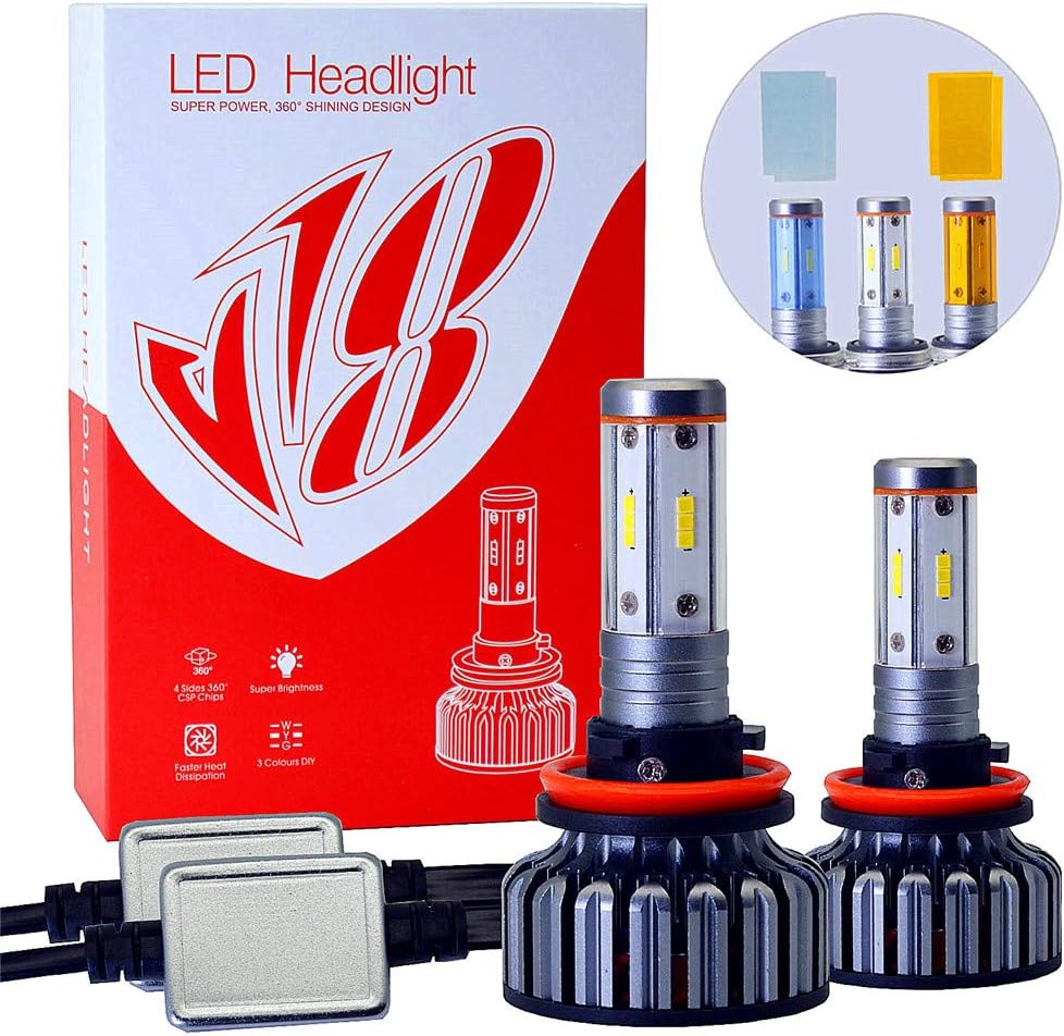 3 Color H11 H8 H9 LED Headlight Bulbs Conversion Kit 100W 12000LM 360 degree，4 Sides LED CSP Chips - DIY 3000K Yellow/6000K White/8000K Blue Car Fog Lamp High & Low Beam Light Bulbs (H11/ H8/ H9)