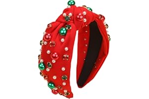 TULOBI Christmas Headband for Women Pearl Knotted Headband Xmas Red Green Pearl Rhinestone Crystal Jeweled Hairband Fashion Elegant Ladies Wide Top Knot Hair Bands Headpiece Holiday Outfits Gifts (Red)