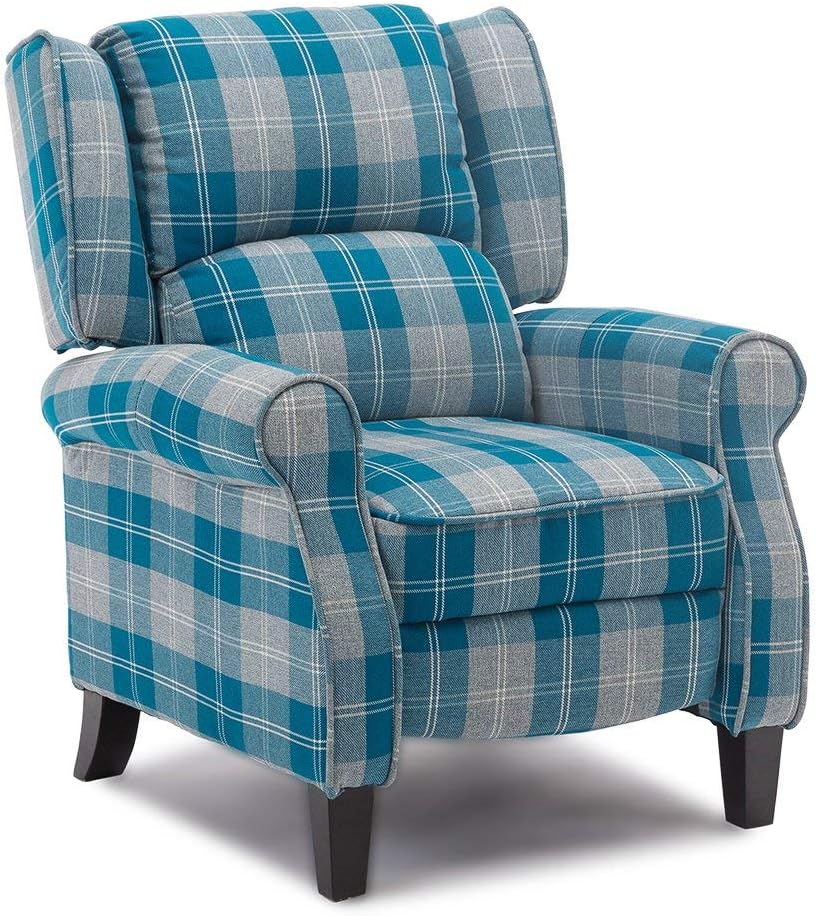 BOJU Comfy Blue Recliner Armchair Chair Living Room Reclining Chair Checkered Fabric Upholstered
