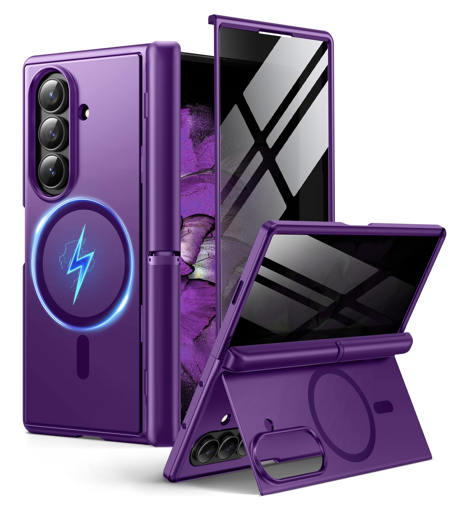 BERFY for Samsung Galaxy Z Fold 7 Case with Privacy Screen Protector, [Compatible with MagSafe][Anti Spy] Built-in Hidden Kickstand, Full-Body Shockproof Slim Phone Case for Z Fold 7, Dark Purple Image