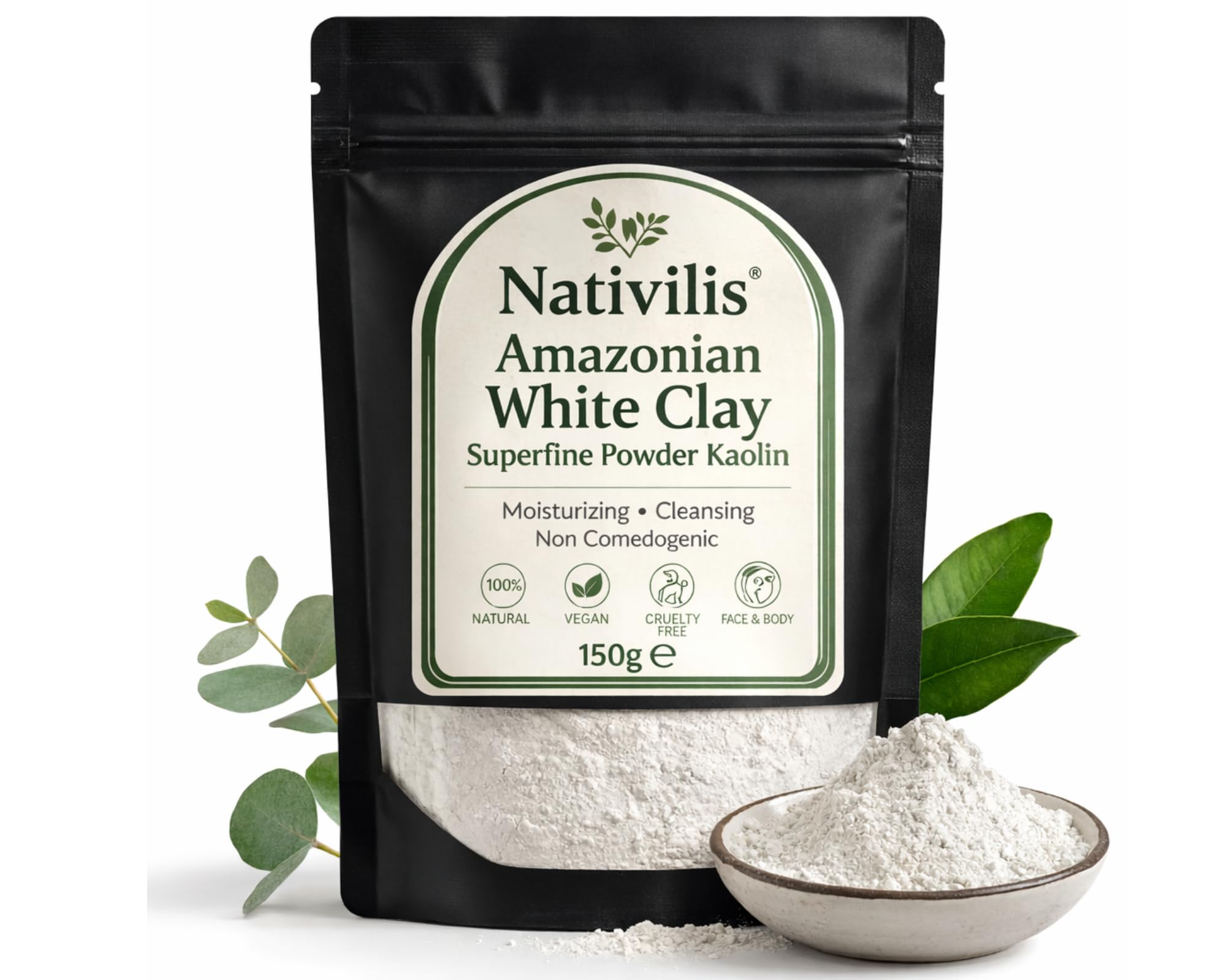 Nativilis Amazonian White Clay Superfine Powder Kaolin - Natural Facial Body Mask Skin Regenerator - Moisturizing Cleansing - Non Comedogenic - Copaiba benefits