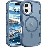 Pepmune for iPhone 16 Case, Curly Wavy Frame Hard Translucent Matte Clear Back Cover for Women Men Compatible with Magsafe TPU Bumper Shockproof Drop Protection Phone Case for iPhone 16, Blue
