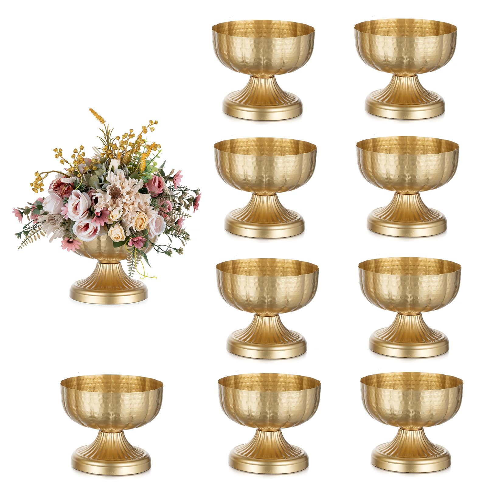 Photo 1 of NUPTIO Gold Vases for Centerpieces Wedding: Hammered Brass Compote Vases for Small Flowers Arrangements - Metal Pedestal Bowl for Table Home Decor Set of 10