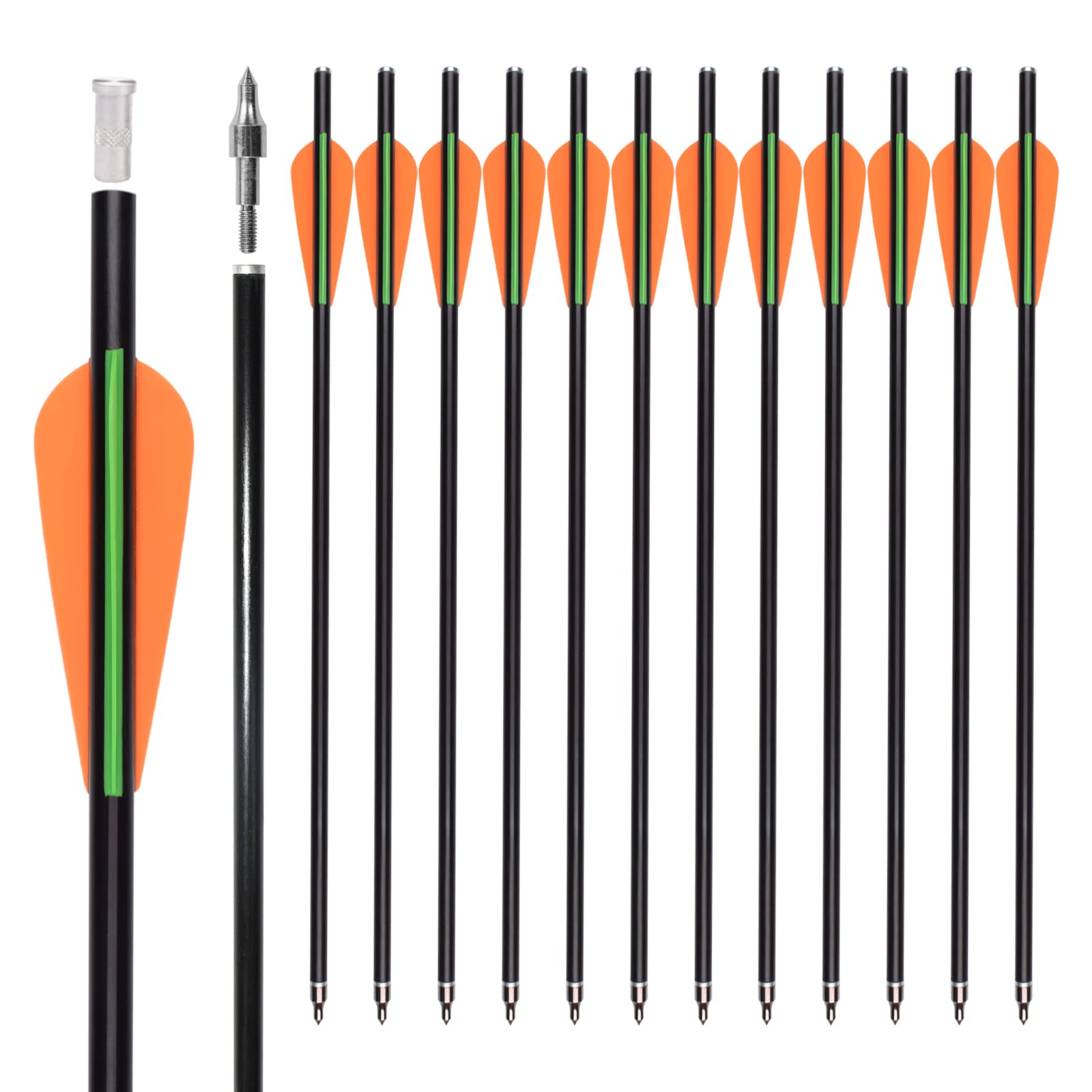 ELONG Fiberglass Crossbow Bolts 16Inch Hunting Archery Arrows with 3" Orange Vanes Flat Nock Replaced Arrowhead Tip(Pack of 12)