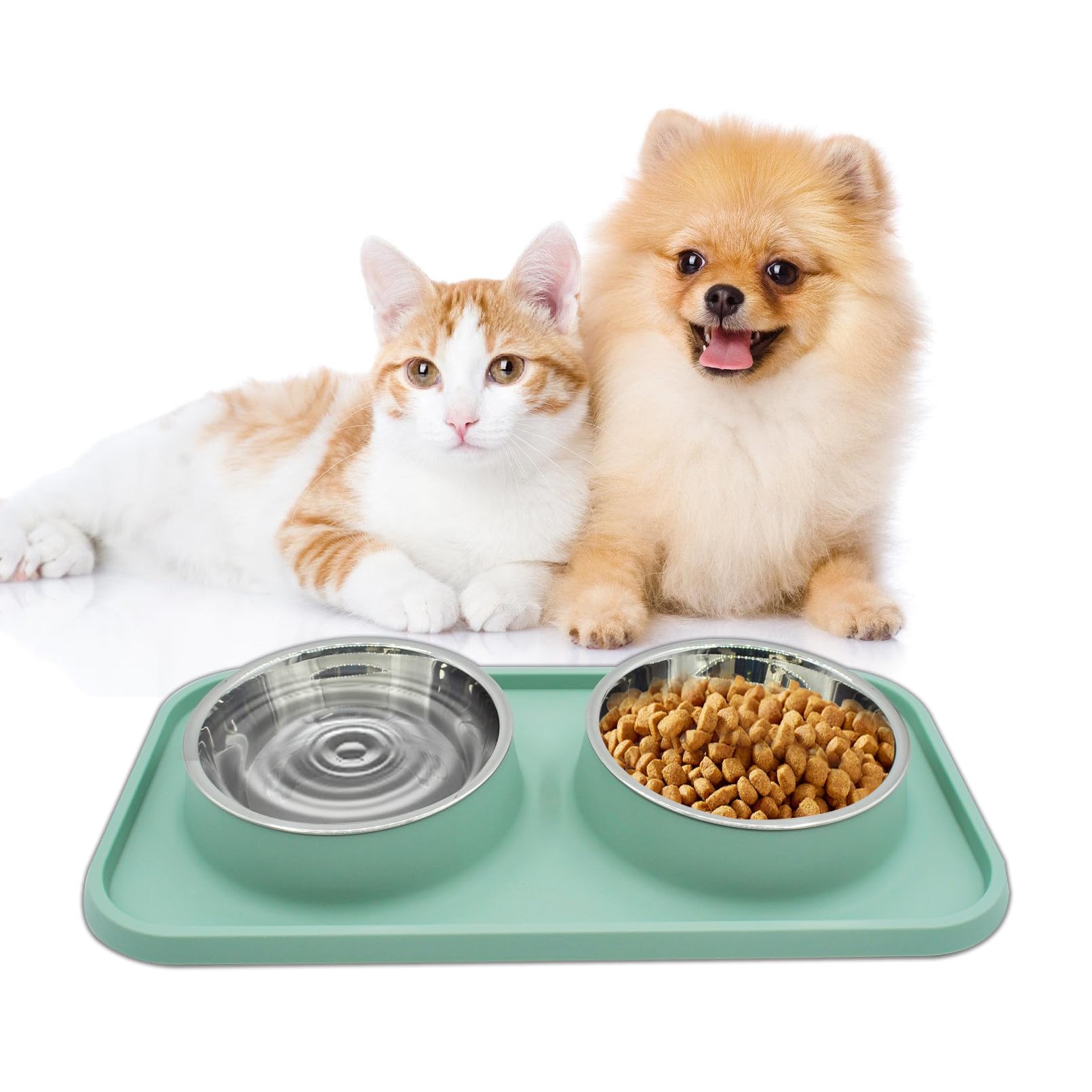 Photo 1 of MUYG Double Dog Food Bowls Stainless Steel with No Spill Non Skid Silicone Mat Removable Dog Water and Food Bowls Set Durable Feeding for Small Dogs Puppy Cat Kitten(Blue)