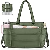 RAINSMORE Tote Bag for Women with Cup Holder, Puffer Work Bag, 15.6 inch Quilted Laptop Handbag for Work, Travel, Teacher