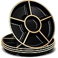 PLASTICPRO 6 Sectional Round Plastic Serving Tray/Platters Black & Gold Pack of 2