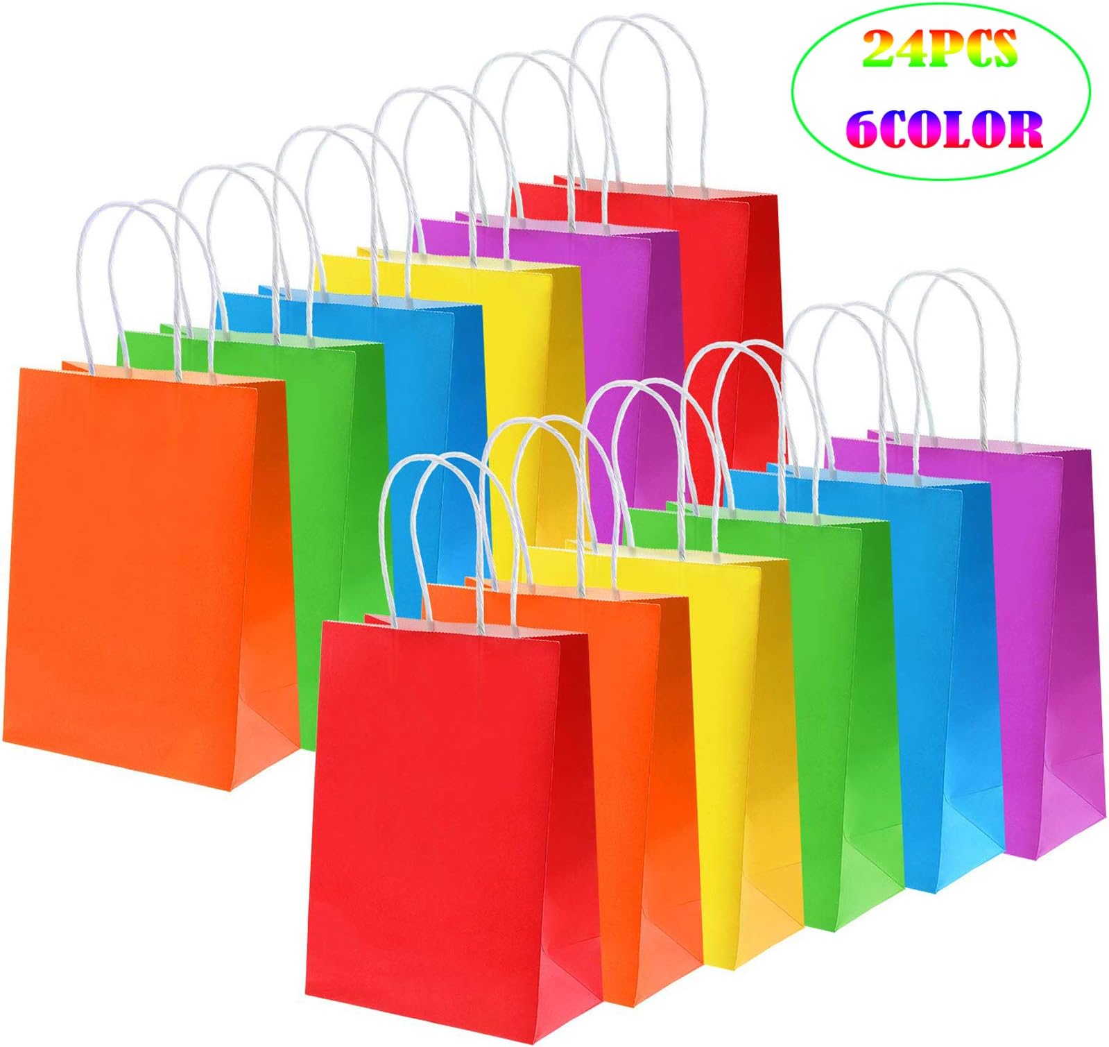 Fancartuk Kraft Paper Bags, 24 Pieces Party Bags Gift Bag Kraft Bags with Handle for Halloween Party Birthday, Tea Party, Gift, Wedding and Party Celebrations, 6 Colors