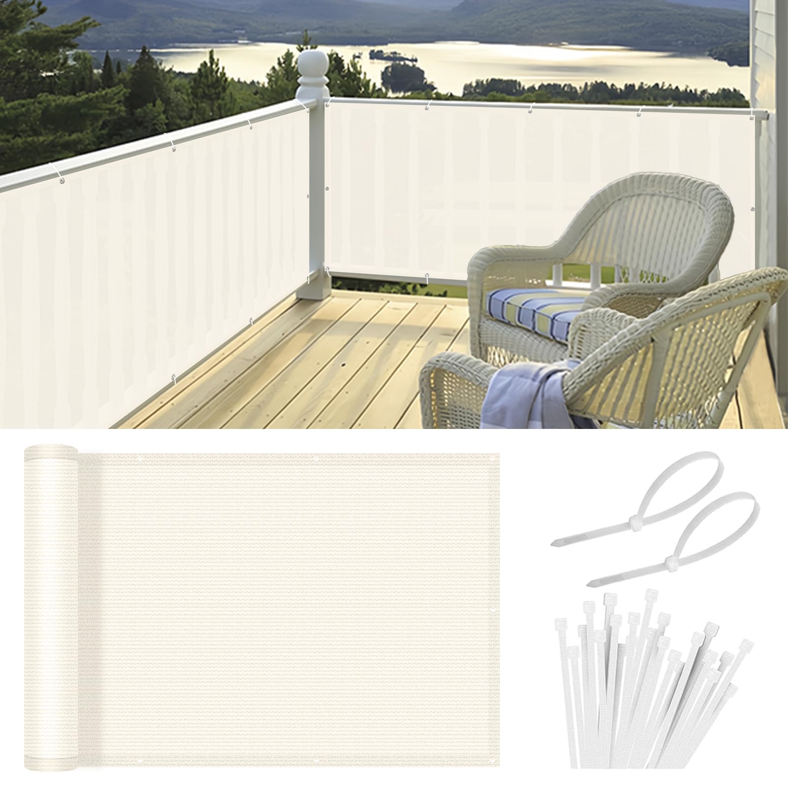 HENG FENG Balcony Privacy Screen 0.9x3m, Screen Fence Cover (HDPE), 95% UV Protection for Deck, Patio, Backyard, Outdoor Pool, Porch, Railing,Cream