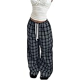 SweatyRocks Women's Plaid Wide Leg Baggy Pants Drawstring Elastic Waist Casual Palazzo Trousers with Pocket