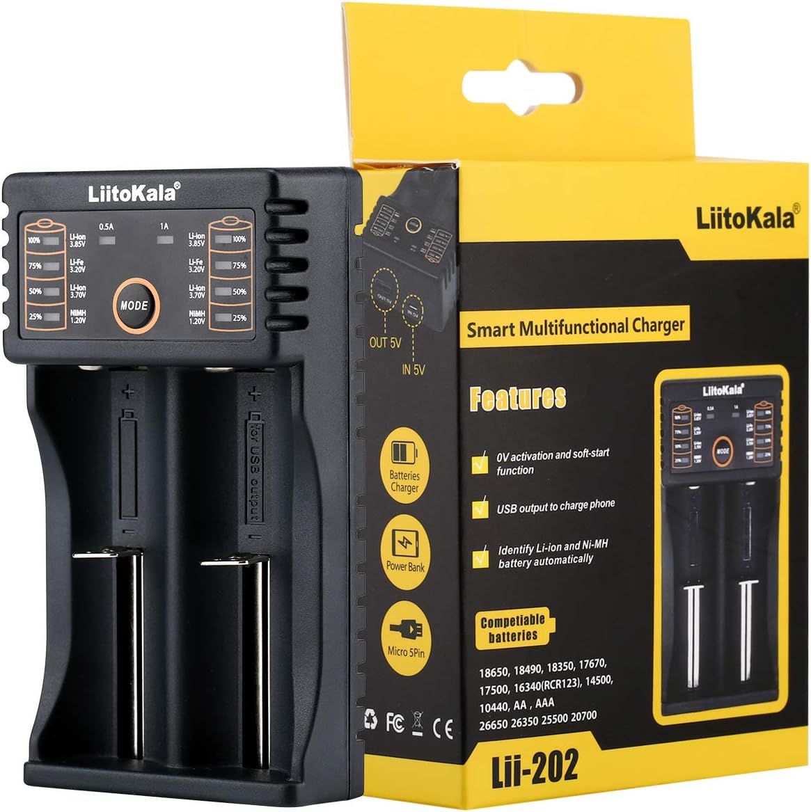 LiitoKala Lii-202 Smart Universal Battery Charger, Portable Power Bank USB Battery Charger for Rechargeable Batteries Ni-MH Ni-Cd A AA AAA SC, Li-ion 18650 26650 26500 22650 18490 17670 17500 17355