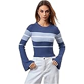 SweatyRocks Women's Color Block Striped Sweater Casual Bell Sleeve Crew Neck Cropped Tops Shirts