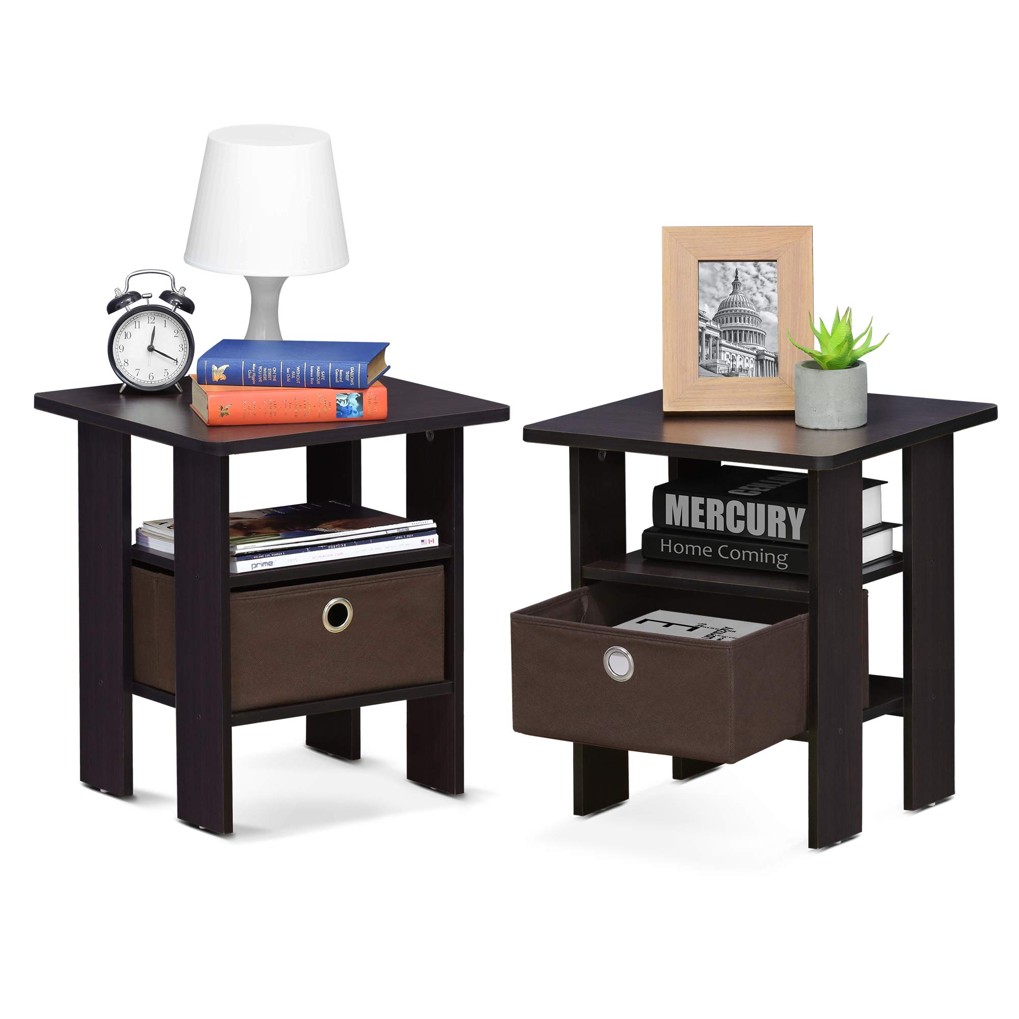 Furinno ANDREY Side Table, Set of 2 End Table, Night Stand with Open Shelves and Storage Bin, Bedside Table, for Living Room, Bedroom, Dark Walnut