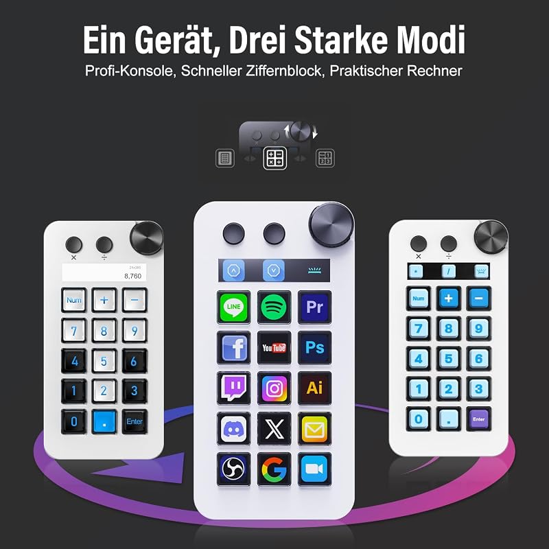 N1 3-in-1 Macro Keypad:15 LCD Keys,Numpad& Calculator-Programmable Stream Controller Deck&Studio Controller for Streaming,Work,Gaming(Mac 14.0+/Win10+)-White