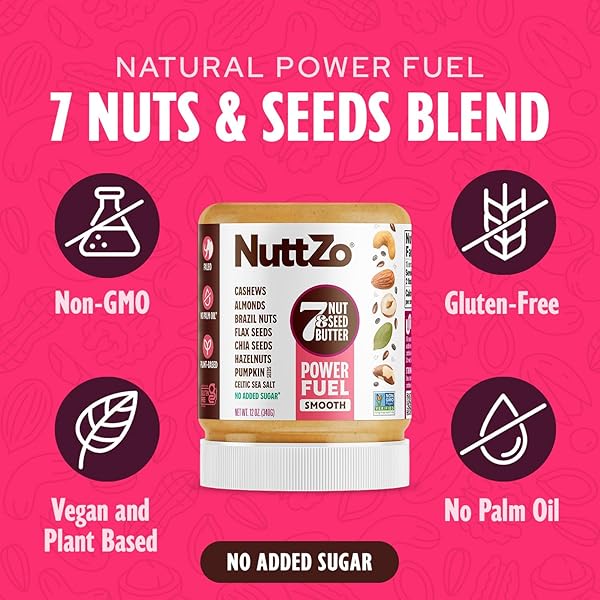 NUTTZO NATURAL POWER FUEL 7 NUTS AND SEEDS BUTTER, SMOOTH, PALEO AND KETO FRIENDLY, PEANUT AND GLUTEN FREE, KOSHER, NO ADDED SUGAR OR OIL, 12 OZ JAR
