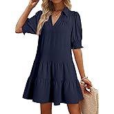 Dokotoo Casual Dresses for Women Lapel Collared V Neck Mid Sleeved Pleated Summer Dresses for Women 2026 Midi Dresses