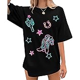 Boho Western Cowgirl Shirts for Women: Sequin Western Rodeo Graphic Tee Oversized Country Music Short Sleeve Top