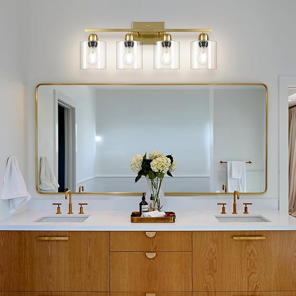 FAISHILAN MODERN BRUSHED GOLD 4 LIGHT BATHROOM LIGHT FIXTURES, 24 INCH VANITY LIGHTS FOR BATHROOM WITH CLEAR GLASS, BATHROOM VANITY LIGHT FOR MIRROR KITCHEN LIVING ROOM HALLWAY CABINET PORCH