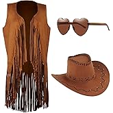 MAKCNMYM Cowgirl Outfits for Women 60s 70s Hippie Sleeveless Fringe Vest with Cowboy Hat and Sunglasses Halloween Costumes