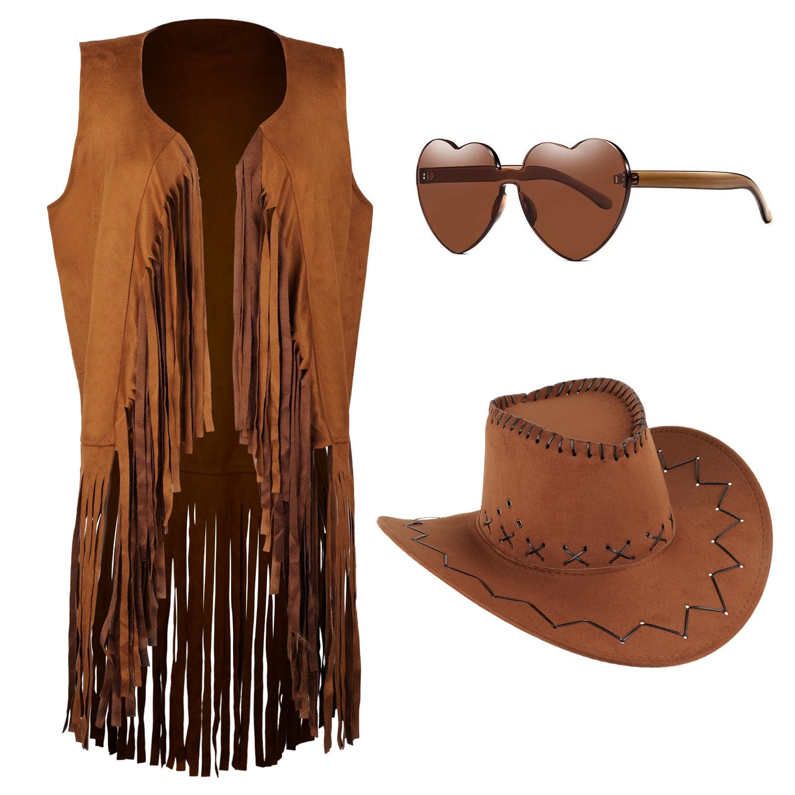 Photo 1 of MAKCNMYM Women Tassel Fringe Vests 70s Hippie Faux Suede Sleeveless Fringed Jacket Western Cowgirl Outfits with Cowboy Hat Heart-Shaped Sunglasses Halloween Costume Accessories for Women