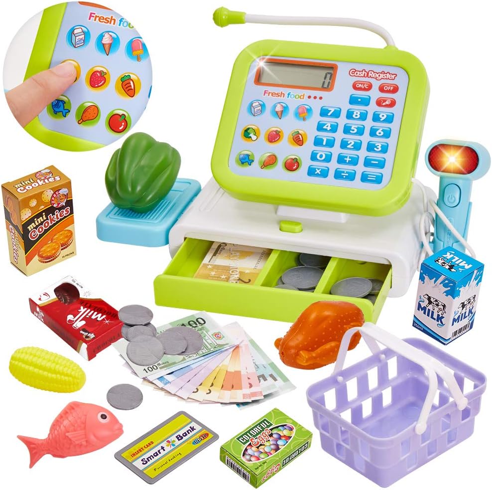 HERSITY Caja Registradora Juguetes Alimentos Supermercado de Juguetes con Sonido para Infantil Niños (Verde): Amazon.es: Juguetes y juegos