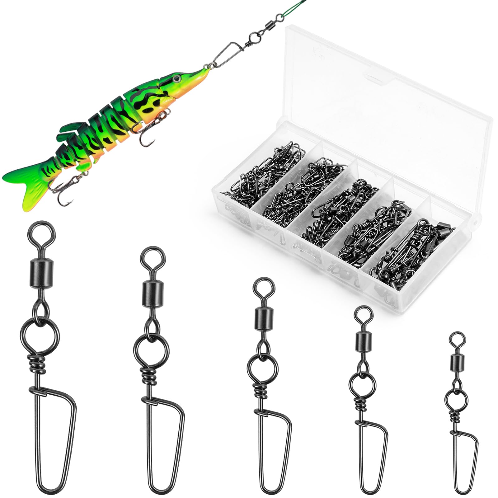 VEPEPE 100 PCS Ball Bearing Fishing Snap Swivels,Big Stainless Steel Swivel with Coastlock 2# 4# 6# 8# 10#,Quick Change Fishing Snap Swivel for Saltwater Freshwater Sea Fishing