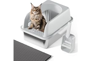 FYLICA Stainless Steel Cat Litter Box with Lid, 20" L x 14.2" W x11.8 H, Large Cat Litter Box for Multiple Cats with High Sided, No-Leak & Stick, Easy to Clean, Includes Litter Mat & Multi Functional Scoop