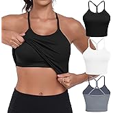 VEQKING Women Sports Bras High Neck Seamless Ribbed Longline Yoga Tank Tops with Built in Bra, 3 Pack