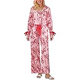 Thopavenoir Bow Pajamas Set for Women 2 Piece Lounge Set Y2k Girls Cute Outfits Set Long Sleeve Bow Knot Printing Shirt Pants