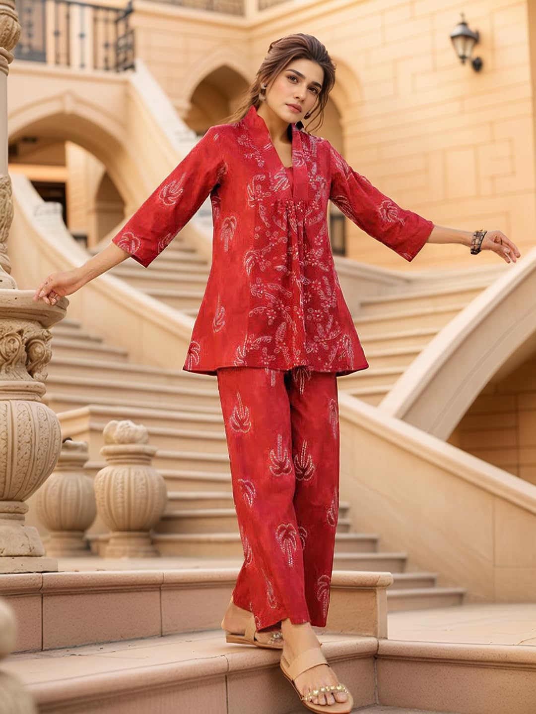 NAINVISH Women's Rayon Blend Classic Above The Knee Co-ord Set (SD871_KB-S_Red 4