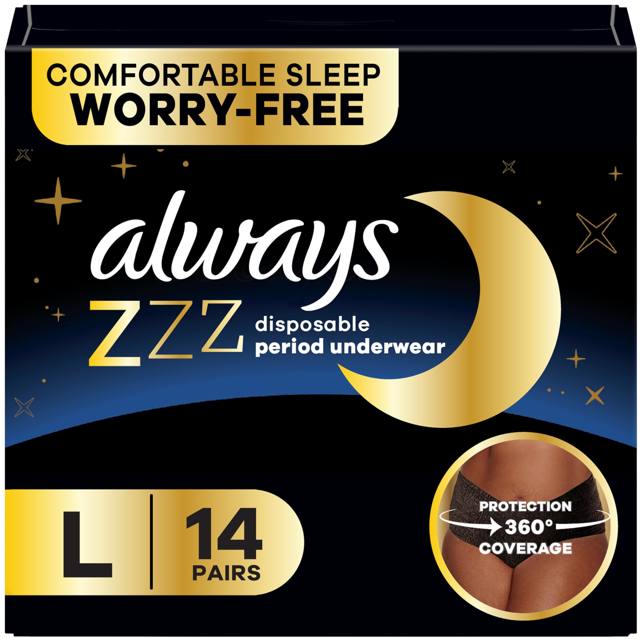 Photo 1 of Always ZZZ Overnight Disposable Period Underwear for Women, Large, 360° Coverage for Worry-Free Nights, 14 Count (2 Packs of 7)