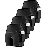 CHRLEISURE Womens Biker Yoga Shorts with Pockets: High Waisted Tummy Control Spandex Workout Athletic Gym Shorts 4 Packs