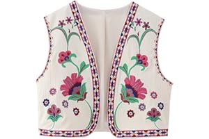 NUFIWI Women Vintage Embroidered Floral Vest Top Y2k Sleeveless Open Front Crop Vest Boho Floral Waistcoat Jacket