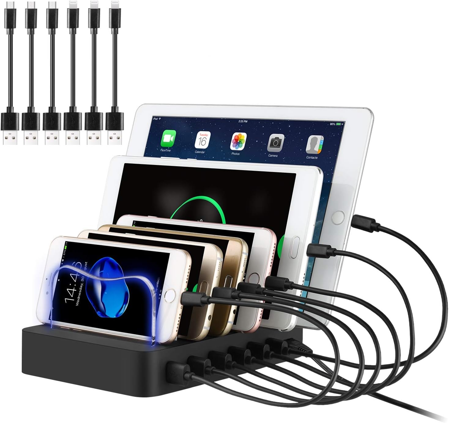 PRITEK Smart IC USB Charging Station with USB Cables for Cellphone Tablet Earphone MP4 and other USB Enabled Gadget 6 Ports Multi Devices USB Charger Station Phone Docking Station Organizer (Black)