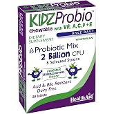 HealthAid KidzProbio Chewable Probiotic for Kids &ndash; 2 Billion CFU, 5 Strains + Prebiotic &amp; Vitamins A, C, D &amp; E &ndash; Supports Digestive &amp; Immune Health &ndash; Blackcurrant Flavor, 30 Daily Tablets*