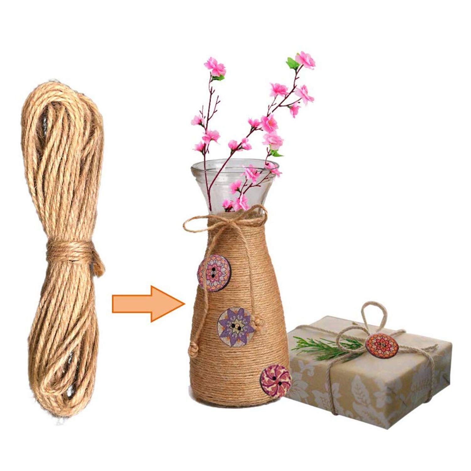 500 Pieces Wood Buttons, 2 Holes Round Flower and Guitar Wooden Buttons Vintage Buttons for DIY Sewing Craft Decorations, with 65.6 Feet Natural Jute Twine