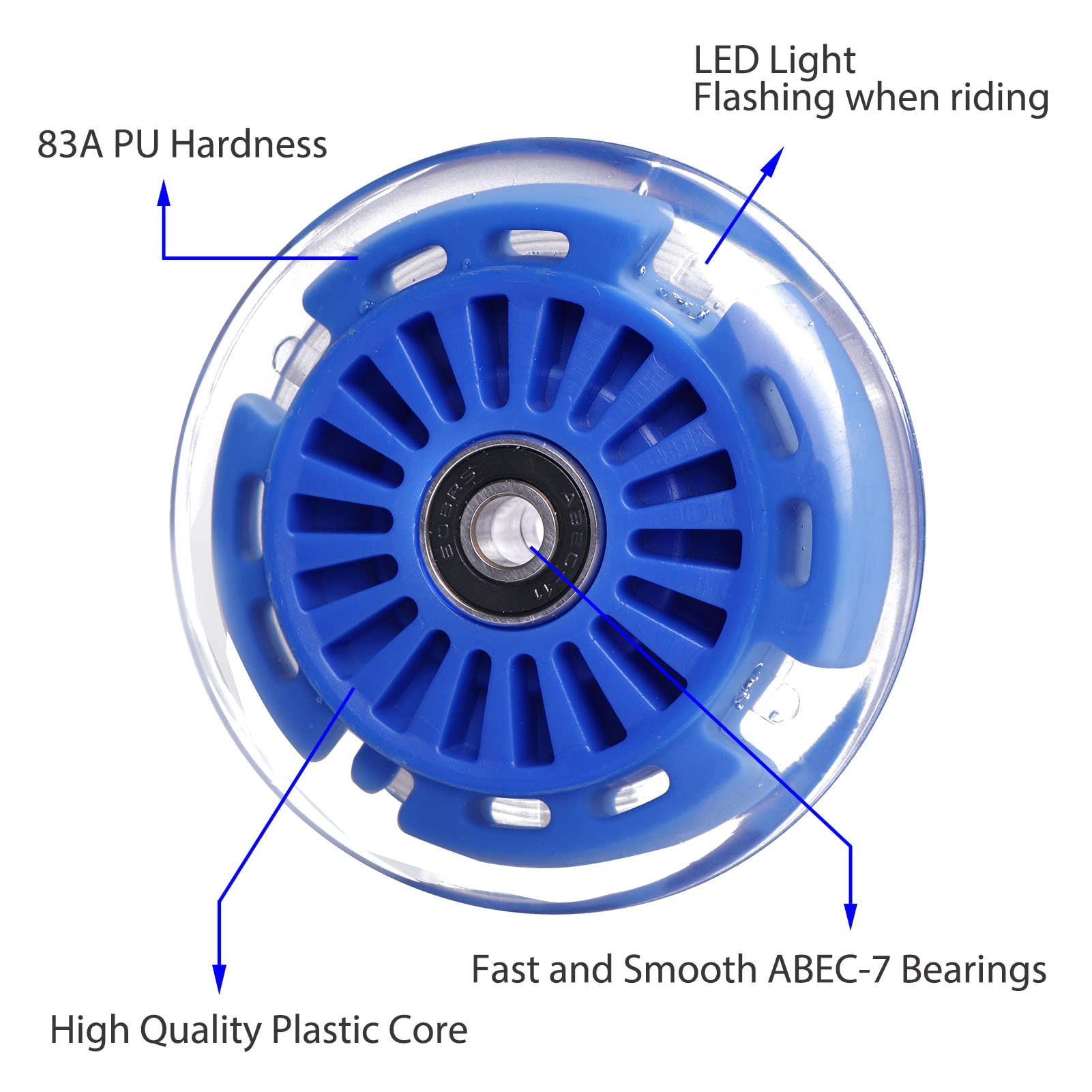 2-Pack 80mm 3-Wheeled Scooter Rear Wheels Light Up Inline Skate Replacement Wheels w/Bearings (Blue)
