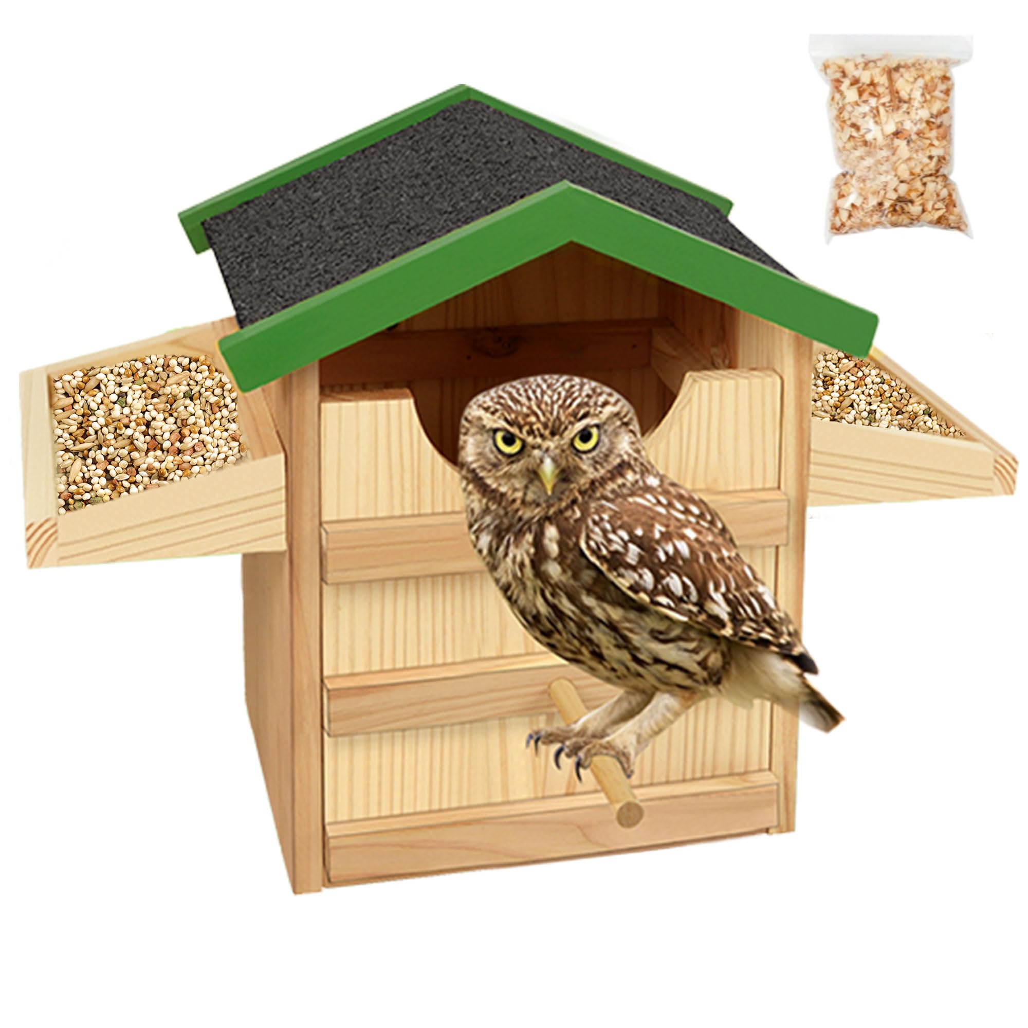 Owl House, Wooden Bird House with Food Rack, 9