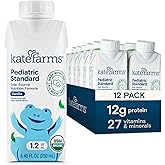 KATE FARMS Organic Plant Based Pediatric 1.2 Sole Source Vanilla Nutrition Shake, 12g of protein, 27 Vitamins and Minerals, Meal Replacement Drink for Kids, Non-GMO, 8.45 Fl oz (Pack of 12)