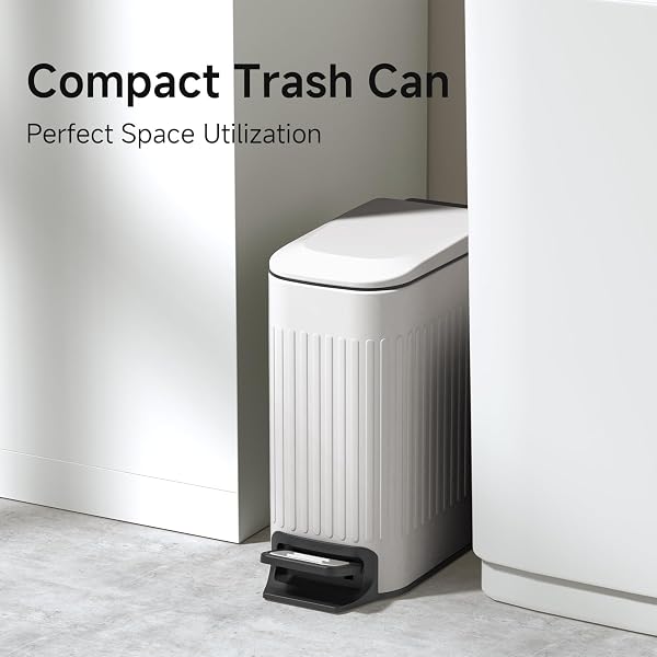 TIPGO SLIM BATHROOM TRASH CAN WITH LID SOFT CLOSE, STEP PEDAL, 6 LITER / 1.6 GALLON STAINLESS STEEL TRASH BIN, SMALL GARBAGE CANS FOR BEDROOM, OFFICE, KITCHEN (WHITE)