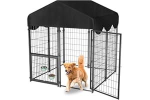 LMEBE Heavy Duty Dog Kennel Outdoor, Covered Dog Kennels Outside with Roof, 4x4.2x4.5FT Large Dog Enclosure Adjustable Feeder Door, Playpen Fence for Yard