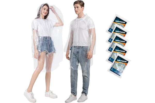 Disposable Rain Ponchos with Drawstring Hood, 50% Thicker Raincoat for Emergency Occasions, Theme Parks Hiking Camping School