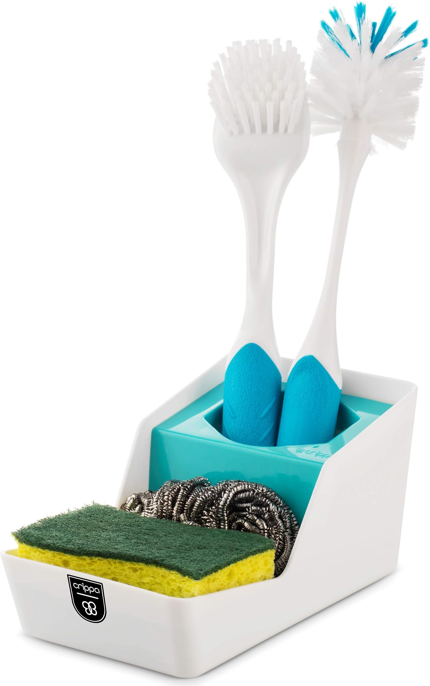 Crippa Sponge Holder for Kitchen Sink | Sink Sponge Holder | Dish Brush Holder | Perfect Kitchen Sink Organizer for Dish Sponge, Scrubber, and Brush | Eco-friendly Plastic - White & Turquoise