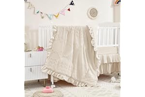 NacoMoco 3-Piece Tufted Ruffle Crib Bedding Set for Girls - Ultra Soft Baby Bedding Set Includes Boho Crib Comforter, Sheet & Skirt (Beige)