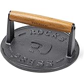 7 Inch Bacon Press, Heavy Duty Cast Iron Grill Press, 2.5 lbs Round Smash Burger Press with Wood Handle & Raised Edge, Food-G