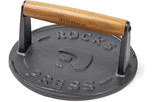 7 Inch Bacon Press, Heavy Duty Cast Iron Grill Press, 2.5 lbs Round Smash Burger Press with Wood Handle & Raised Edge, Food-G